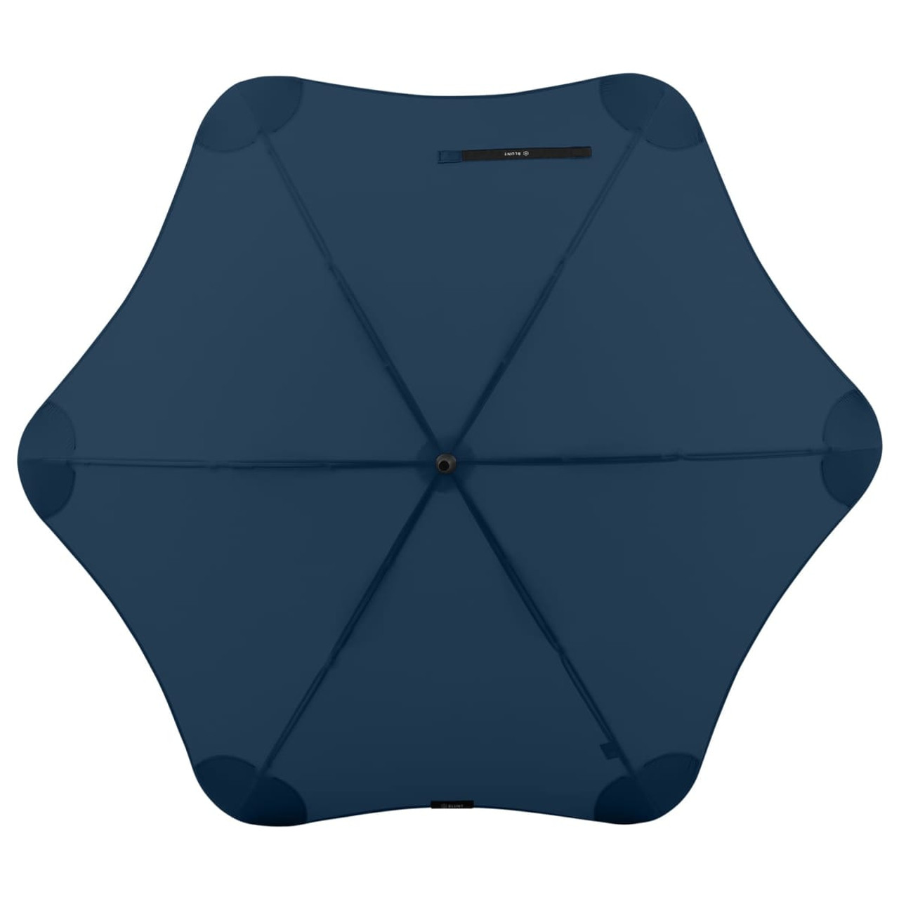 A dark blue BLUNT Classic Umbrella with a unique star-shaped canopy design and a central opening.