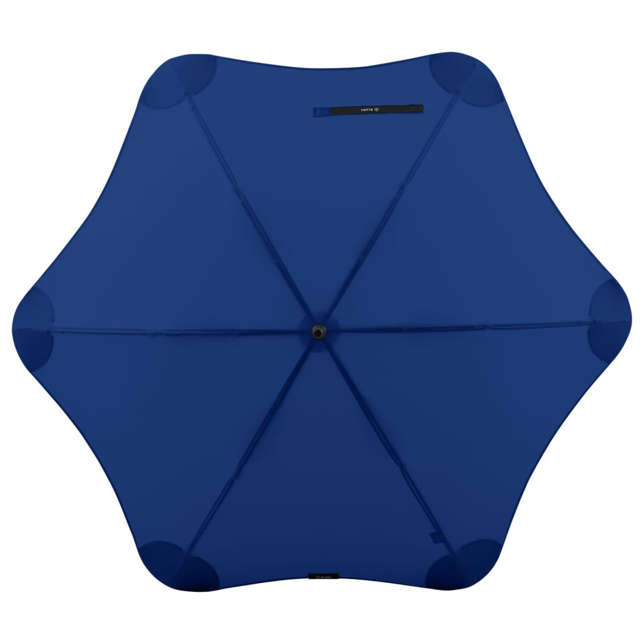 A blue BLUNT Classic Umbrella with a unique star-shaped canopy and a central hub, featuring a logo.