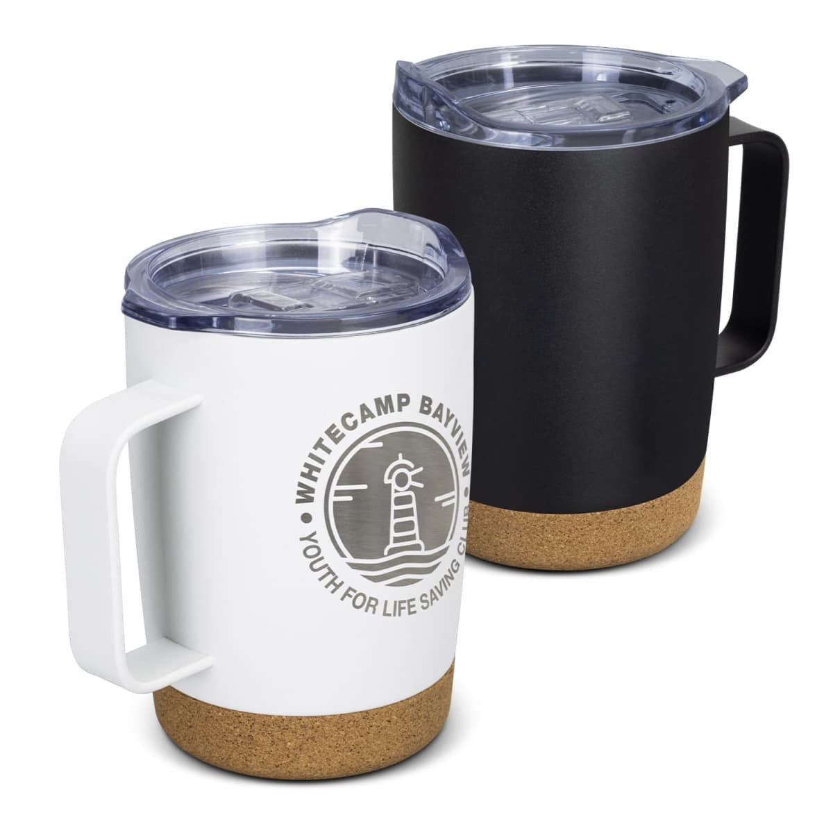 A drink bottle featuring a white and black vacuum mug, each with a cork base and clear lid. One mug has a branding logo.
