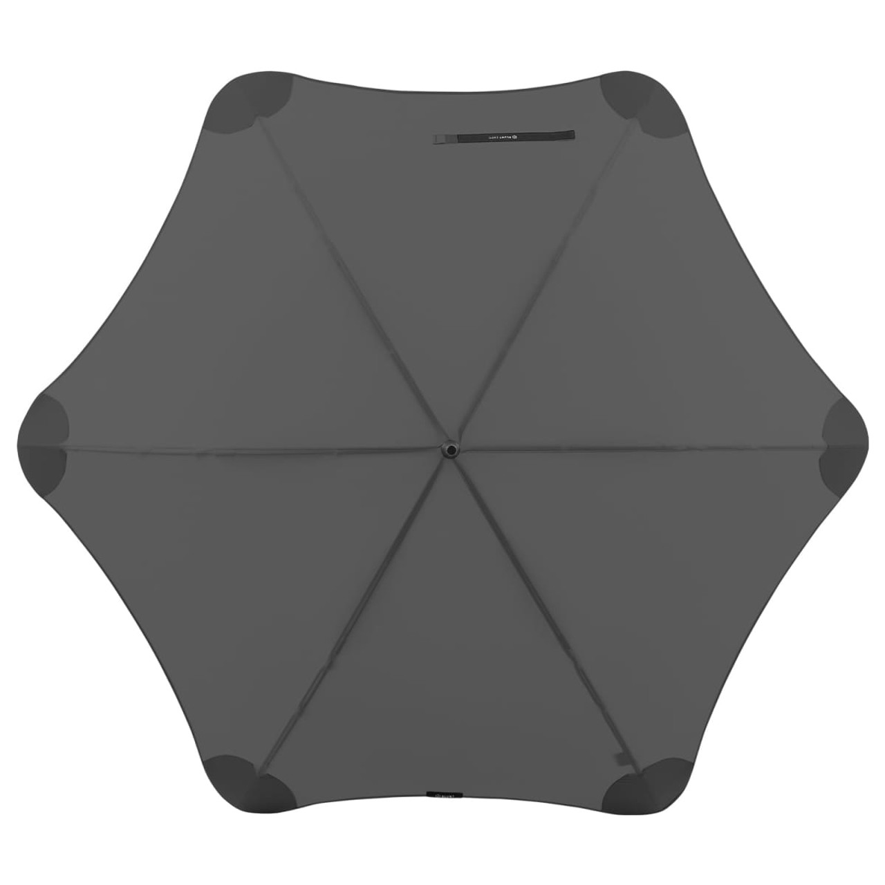 A grey BLUNT Exec Umbrella with a unique design, featuring rounded edges and a central handle.