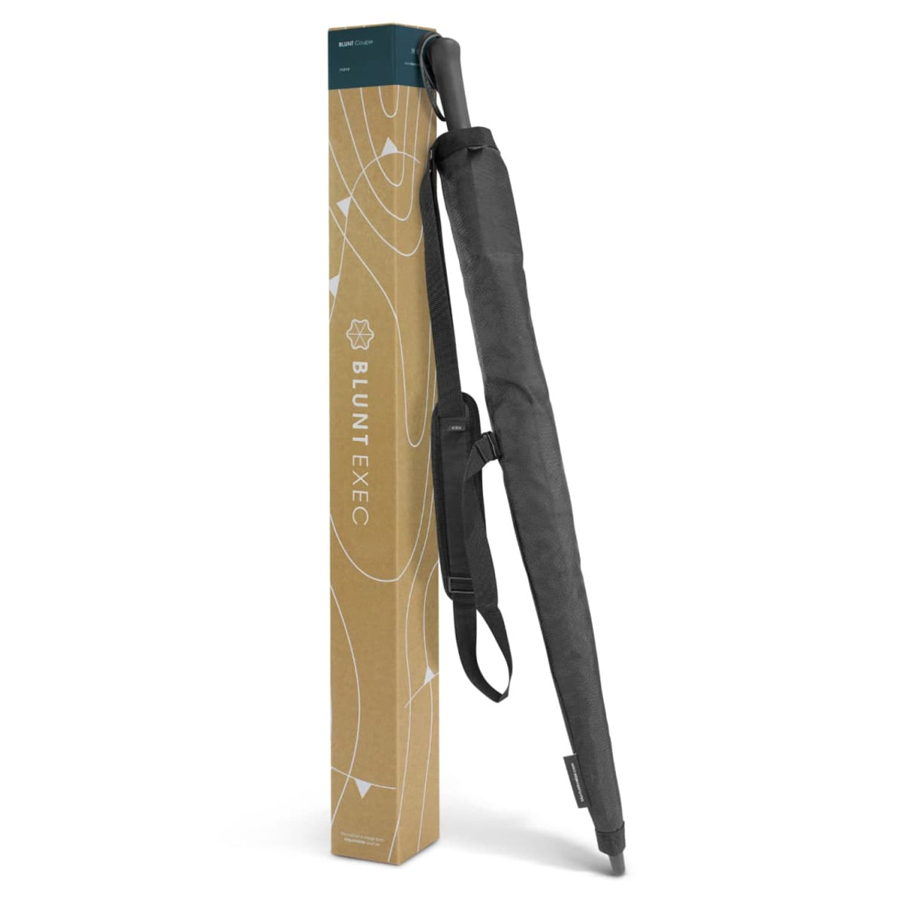 A black umbrella with a sleek design next to its stylish packaging, featuring a logo.
