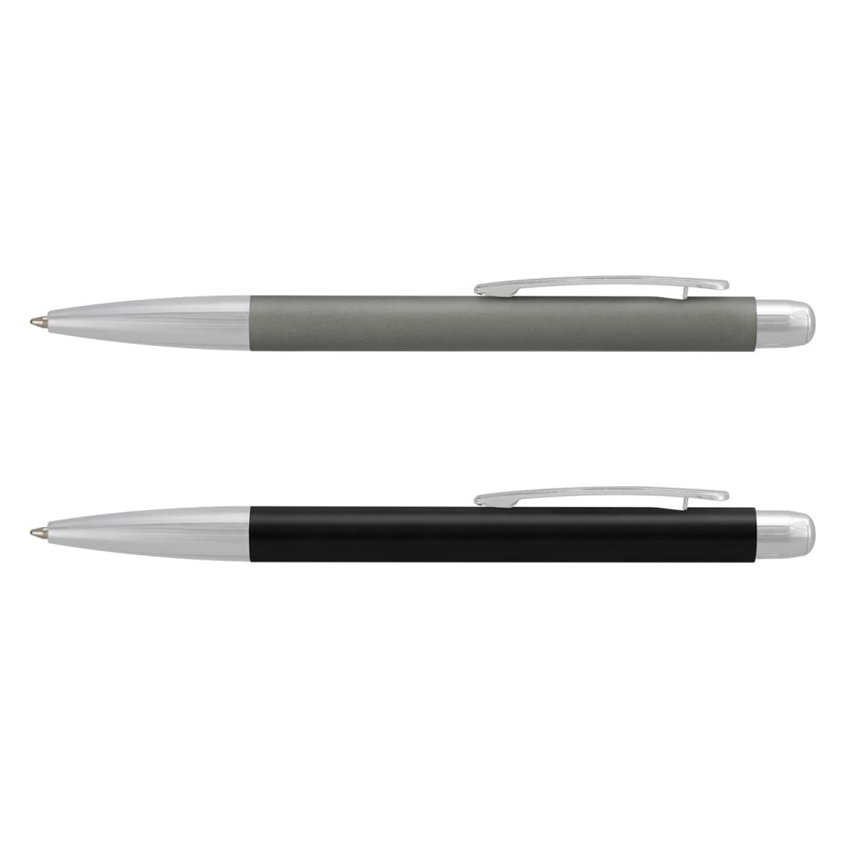 A set of two metal pens in grey and black, each featuring a silver clip and accents.