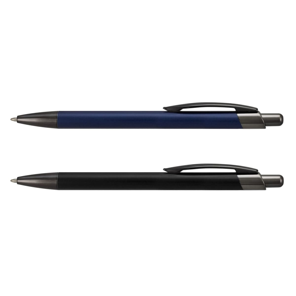 A metal pen set featuring a navy blue pen and a black pen, both with silver accents and clip designs.