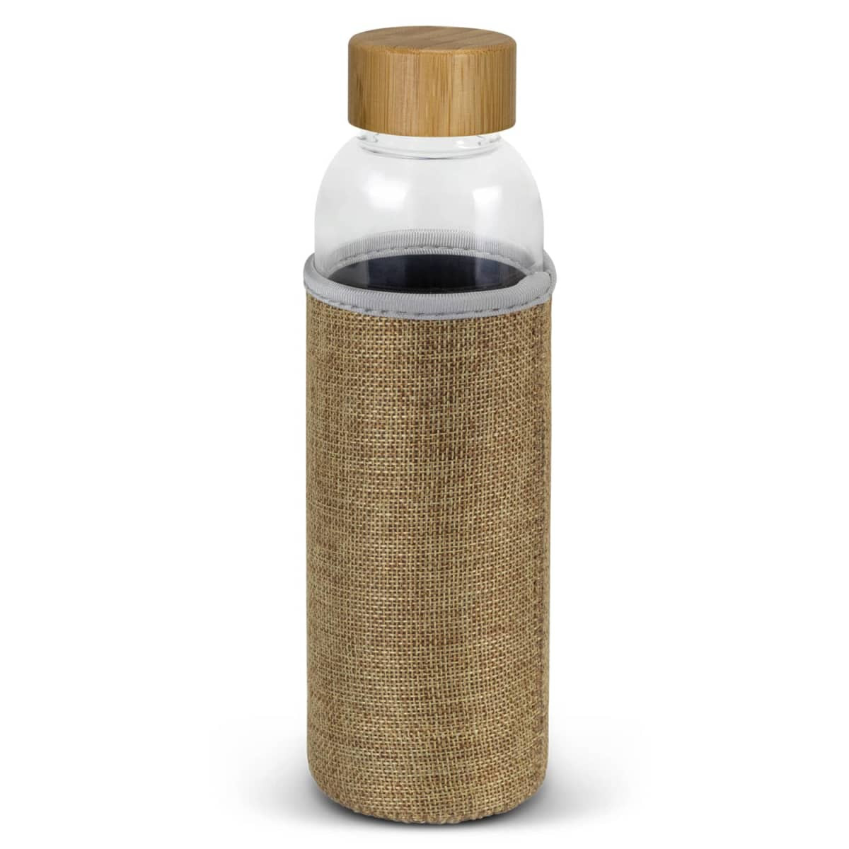 A drink bottle featuring a clear glass body with a natural fabric sleeve and a wooden lid.