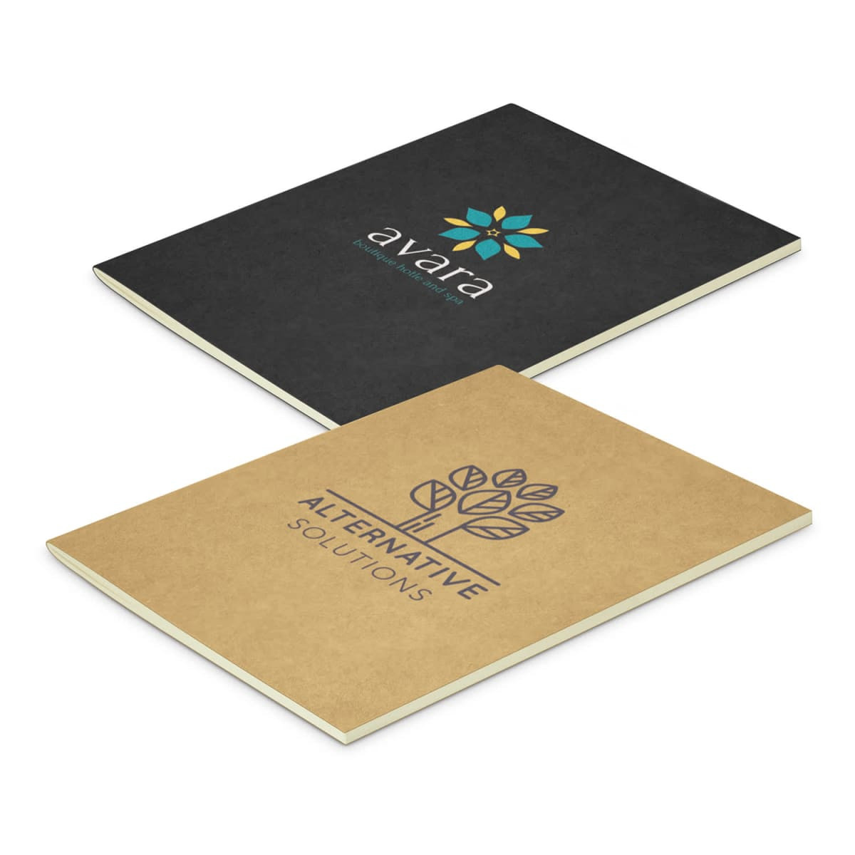 A small notebook featuring a black cover with a logo and a kraft cover with a logo, showcasing a simple design.