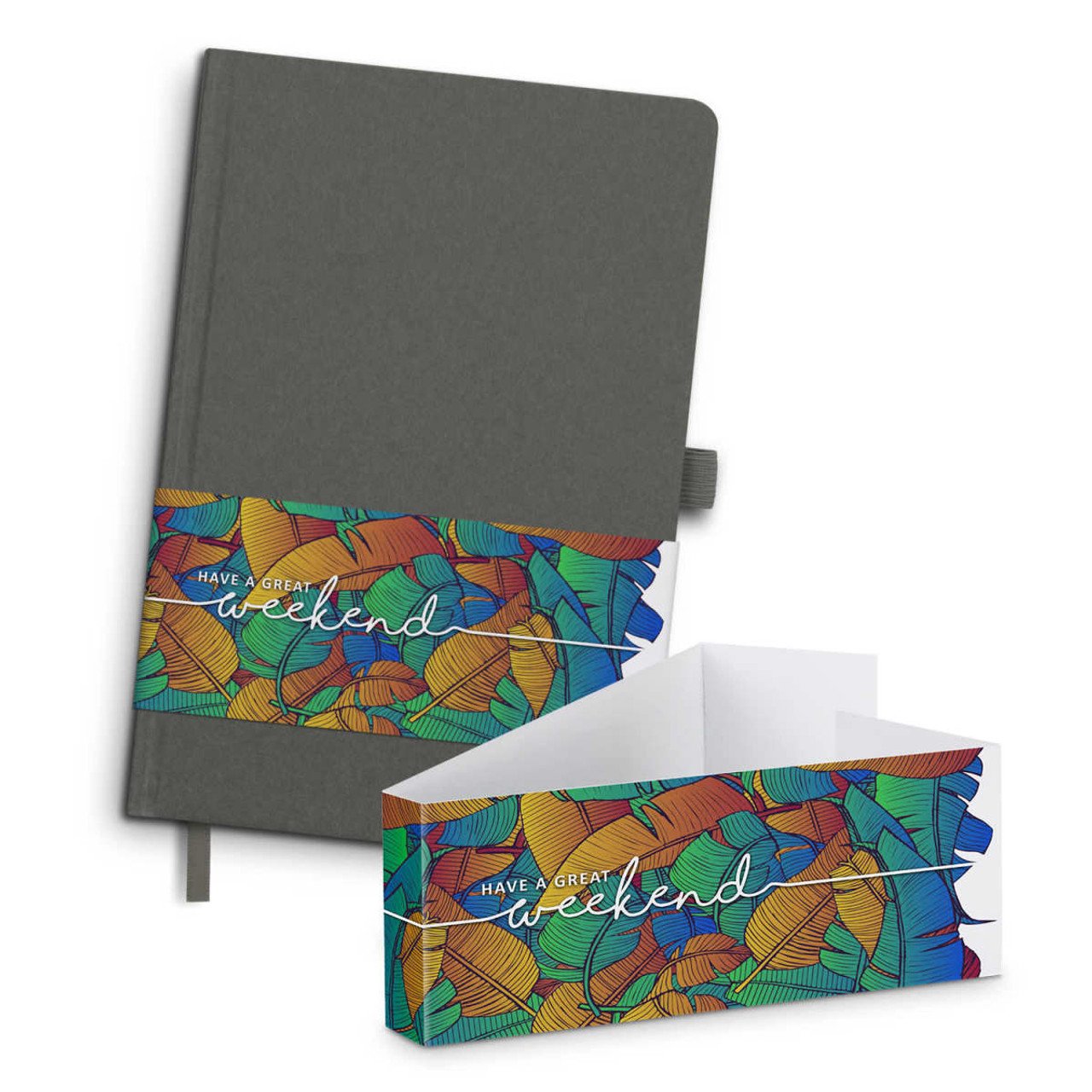 A grey notebook with a colourful leaf design on a band, accompanied by a matching envelope.
