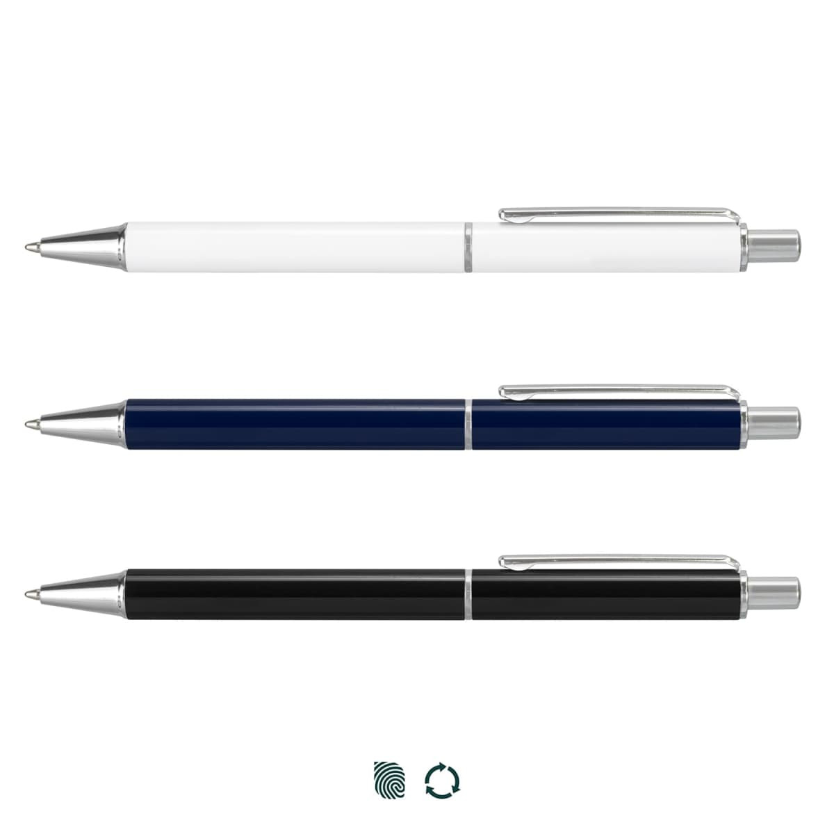 A set of three metal pens in white, navy blue, and black, each featuring a silver clip and detailing.