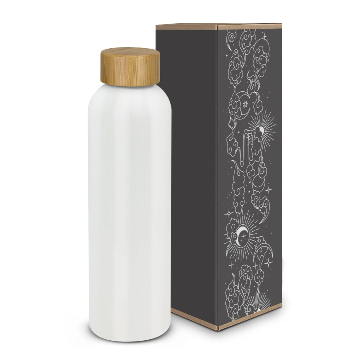 A drink bottle with a white aluminium body and a bamboo lid, accompanied by a decorative box featuring intricate designs.