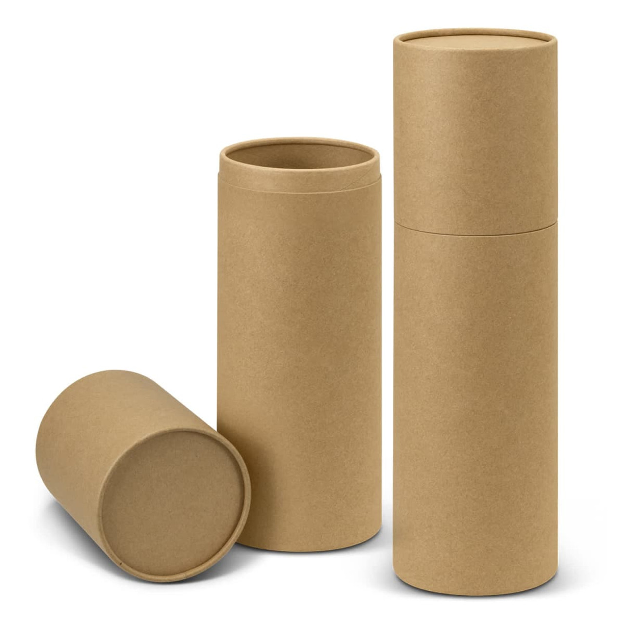 A set of three brown kraft tube containers for wine bottles, varying in height and with lids. One is lying on its side.