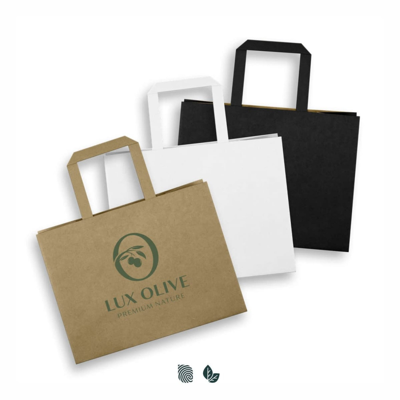 A set of three medium flat handle paper bags in black, white, and brown with a logo on the front.