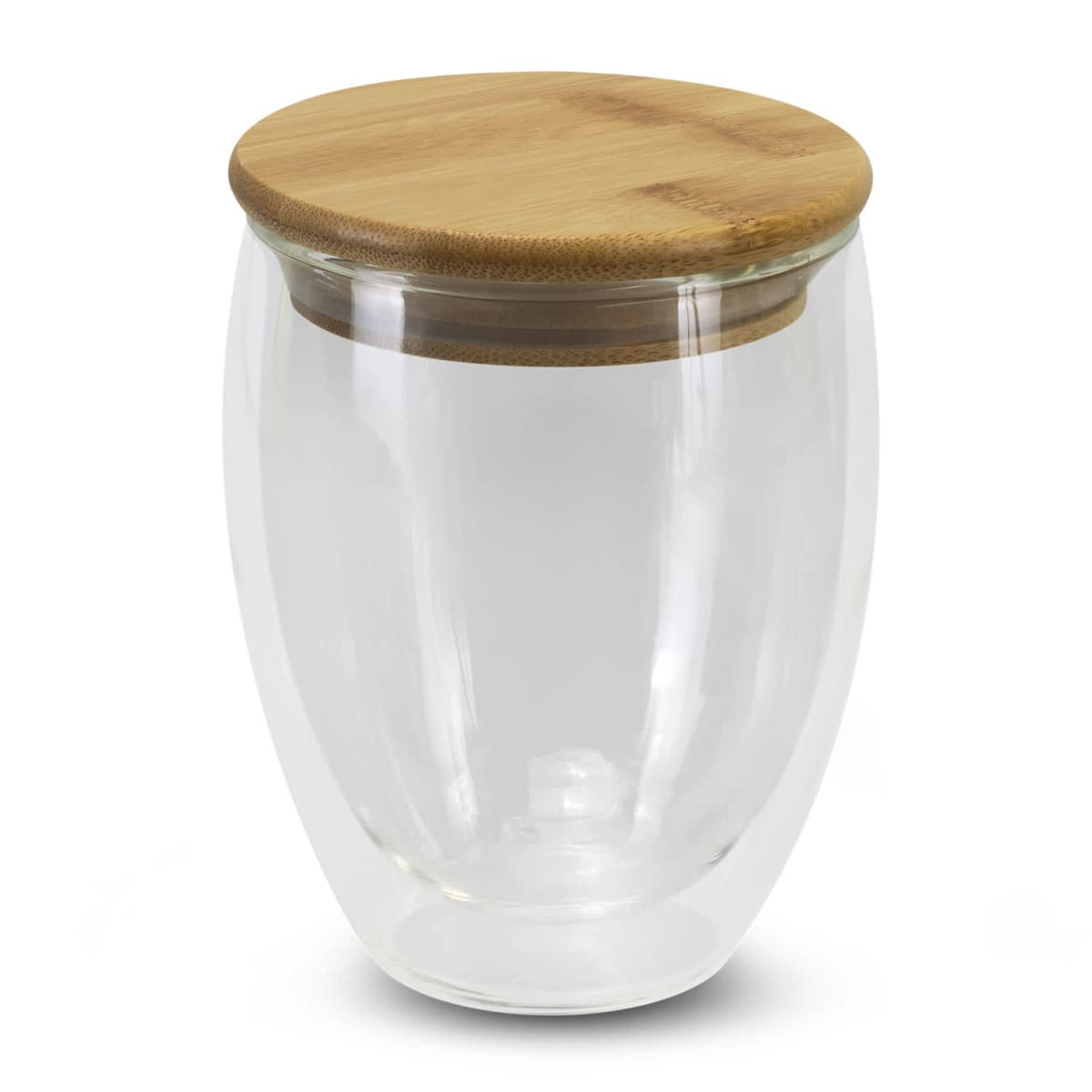 A drink bottle featuring a clear glass body with a bamboo lid, suitable for various beverages.