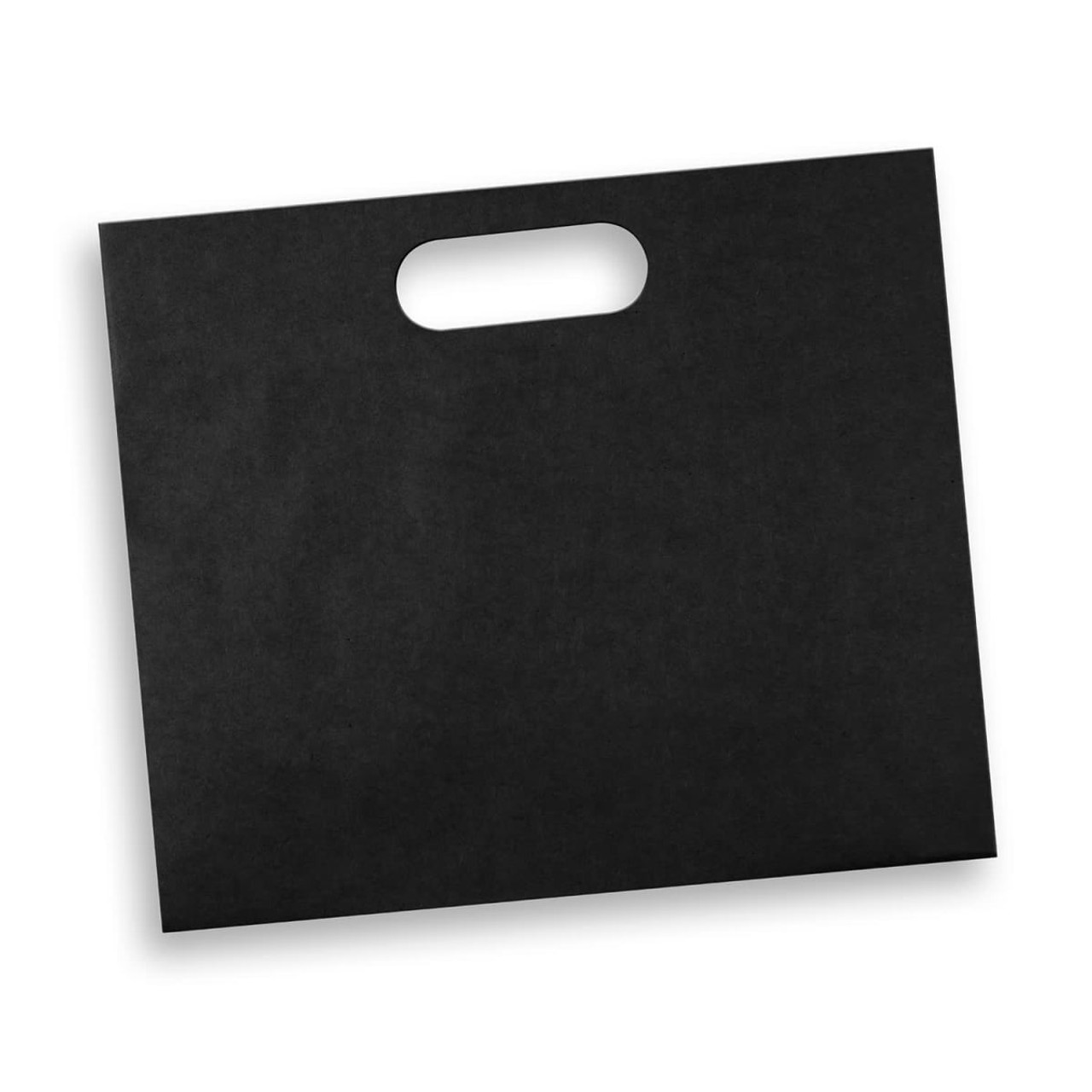A large black die cut paper bag with a handle. The bag is flat and landscape-oriented.