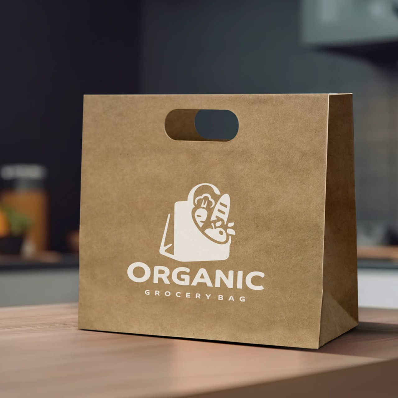 A landscape die cut paper bag in brown with a logo, featuring a handle and a simple grocery design.