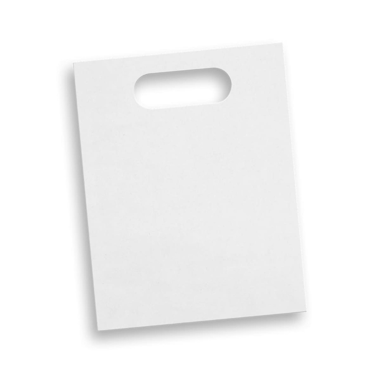 A medium die cut paper bag in white with a handle, featuring a plain design and no visible branding.