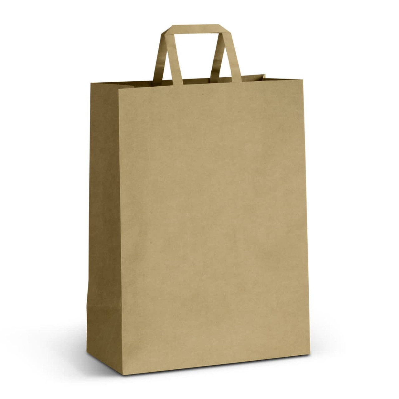 An extra large flat handle paper bag in a natural kraft colour, featuring a simple design and two top handles. An extra large flat handle paper bag in a natural kraft colour, featuring a simple design and two top handles.