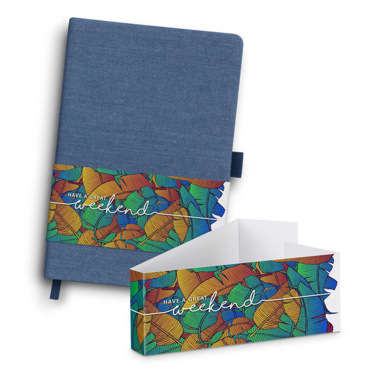 A denim notebook with a vibrant, patterned band featuring colourful designs. It includes a bookmark and is closed.