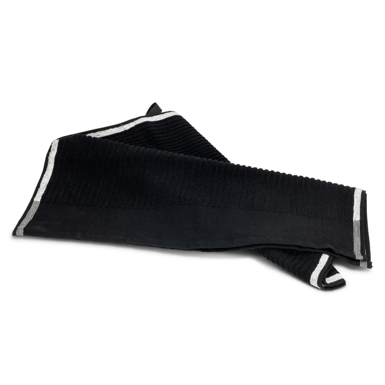 A black terry golf towel with a textured surface and contrasting stripes, featuring a logo. A black terry golf towel with a textured surface and contrasting stripes, featuring a logo.