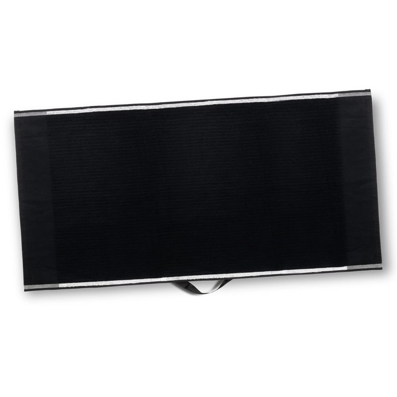 A black golf towel with a hanging loop, featuring a textured surface and a subtle logo. A black golf towel with a hanging loop, featuring a textured surface and a subtle logo.