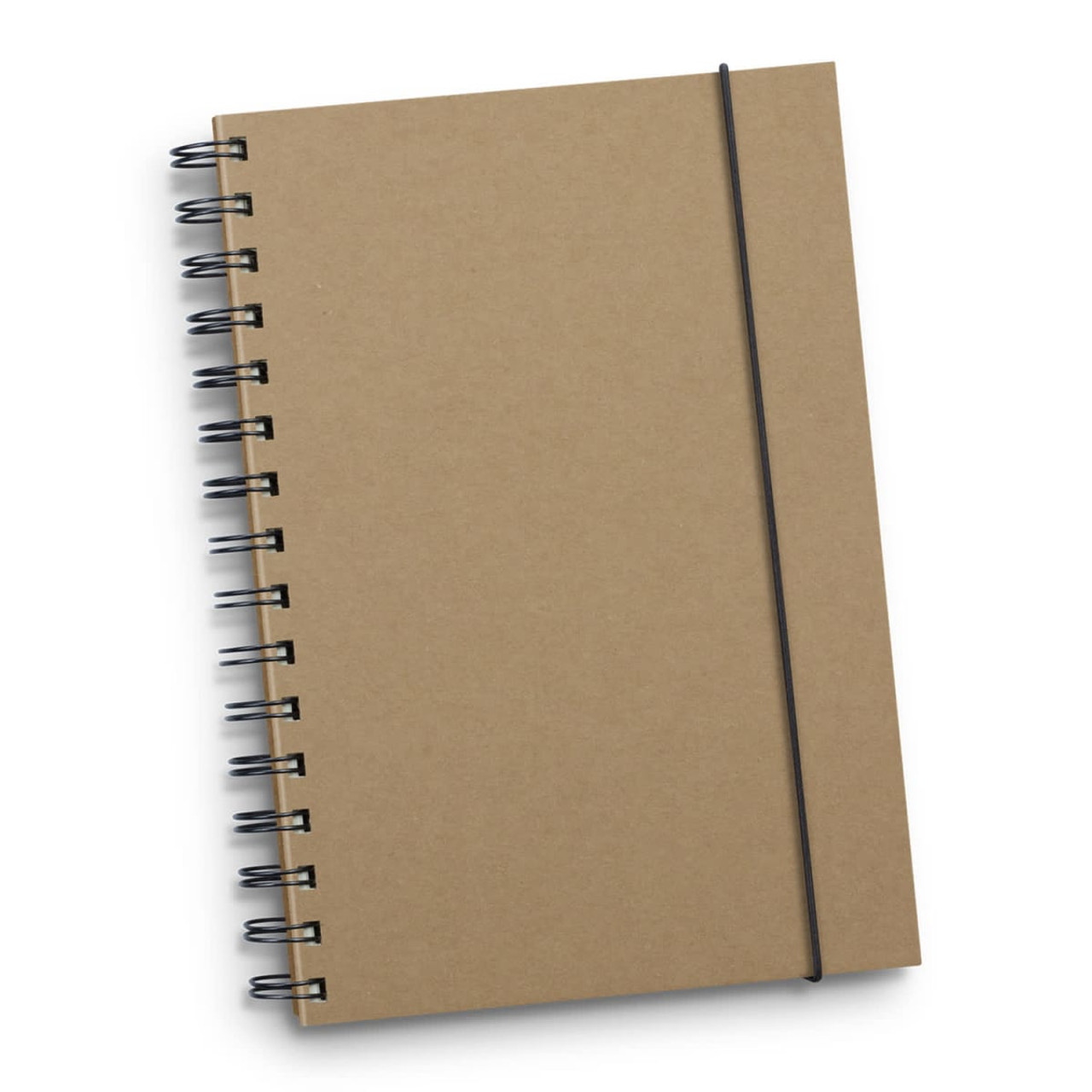 A brown spiral notebook with an elastic band closure features black spirals and a plain cover. A brown spiral notebook with an elastic band closure features black spirals and a plain cover.