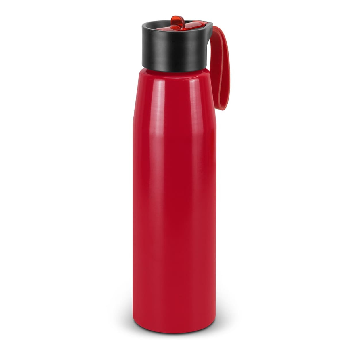 A drink bottle in bright red with a black cap and a red handle, featuring a logo on the body.