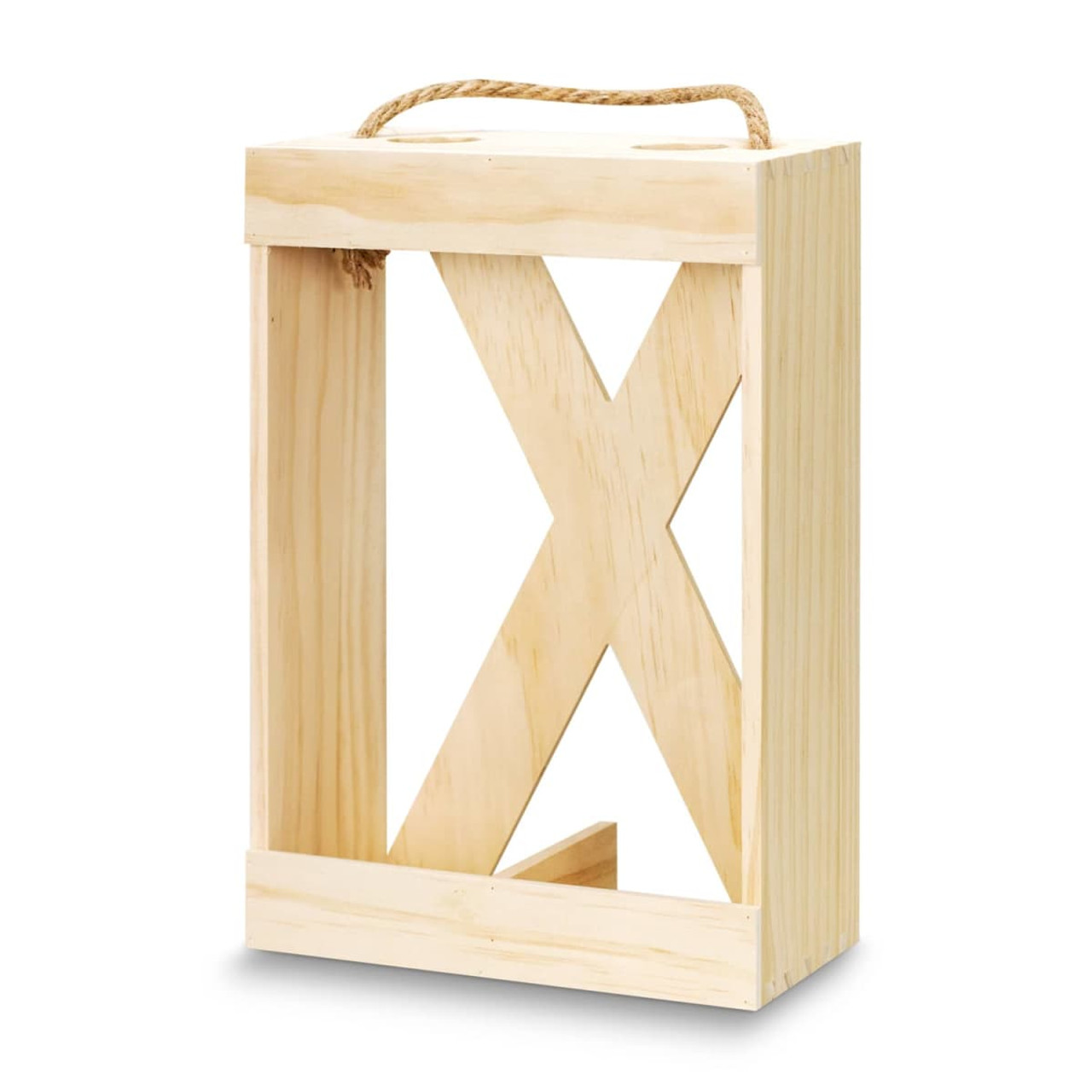 A wooden wine crate in natural finish, featuring an open design and a rope handle for easy carrying.