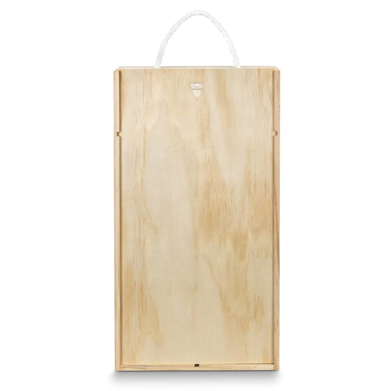 A wooden wine gift box in natural tone with a rope handle, designed to hold two bottles.