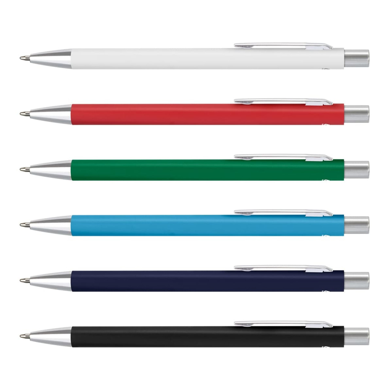 A collection of metal pens in white, red, green, light blue, navy, and black, each featuring a silver clip and tip.