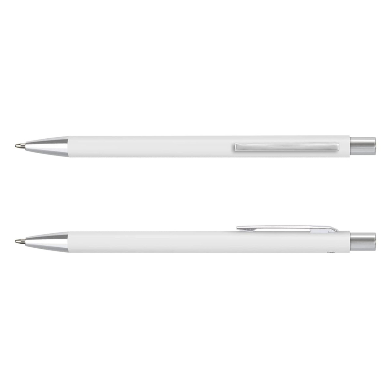 A metal pen featuring a sleek white body and silver accents, with a clip for easy attachment.