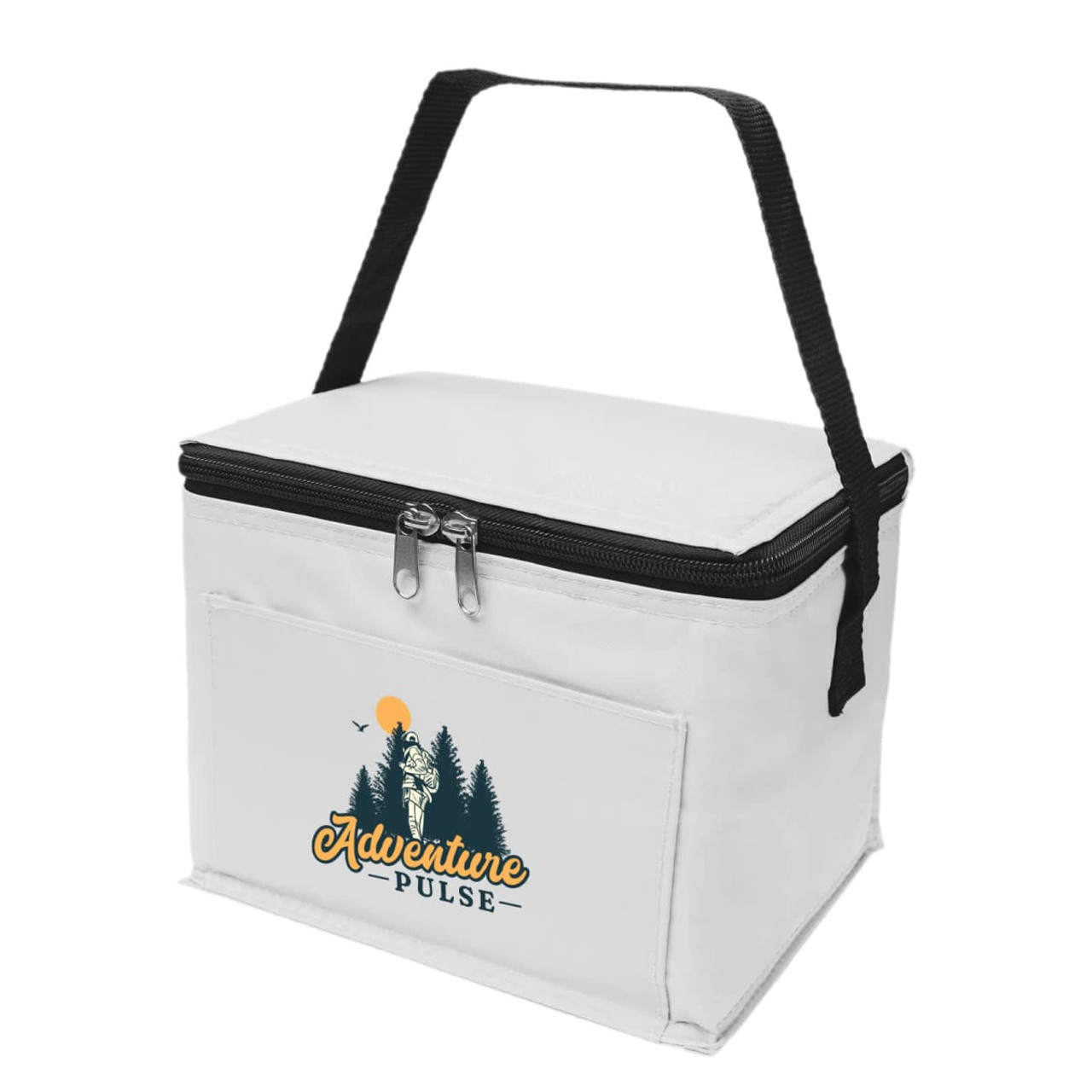 A white cooler bag with a zippered top and a black handle, featuring a logo. A white cooler bag with a zippered top and a black handle, featuring a logo.