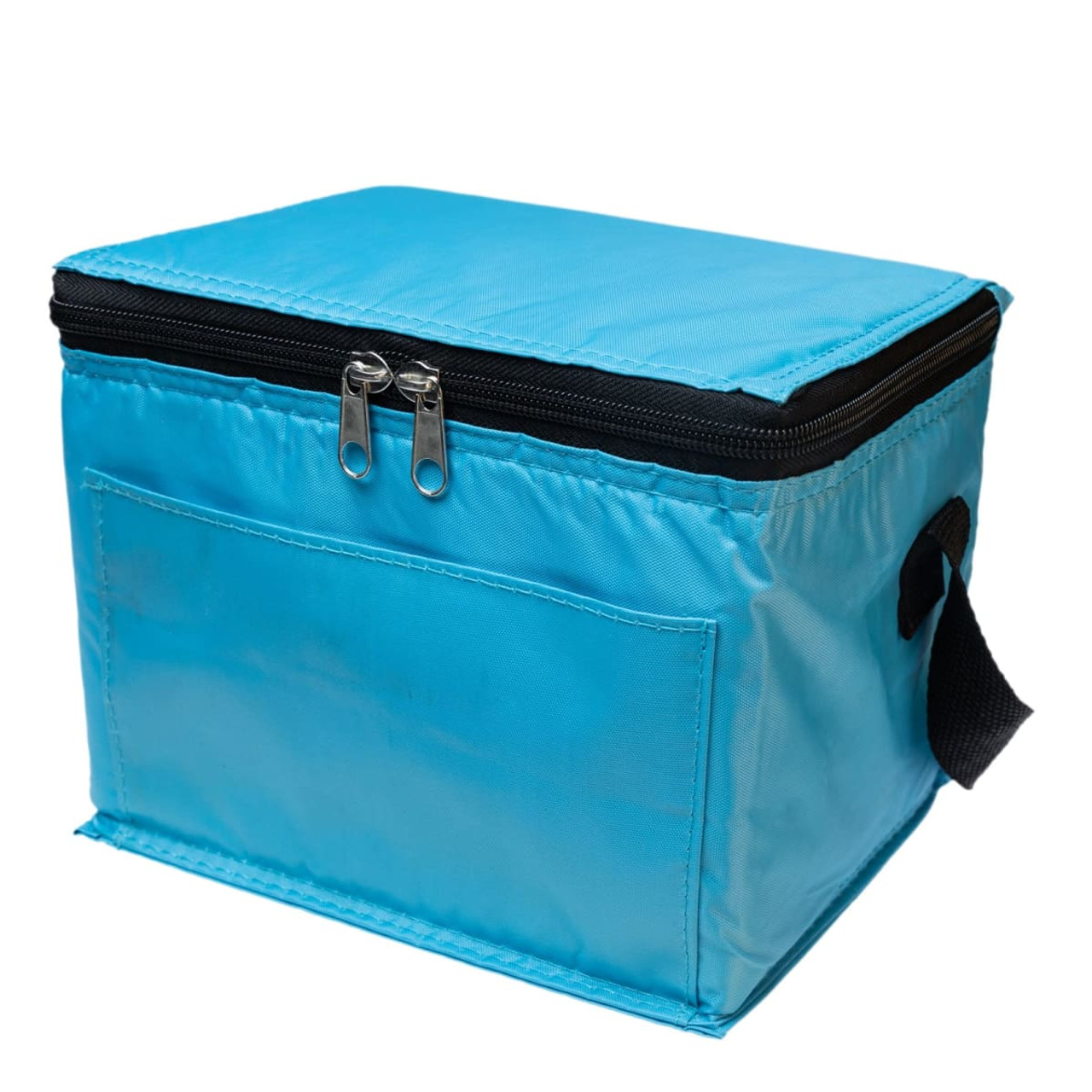 A blue cooler bag featuring a zippered top, a front pocket, and a handle on the side. A blue cooler bag featuring a zippered top, a front pocket, and a handle on the side.
