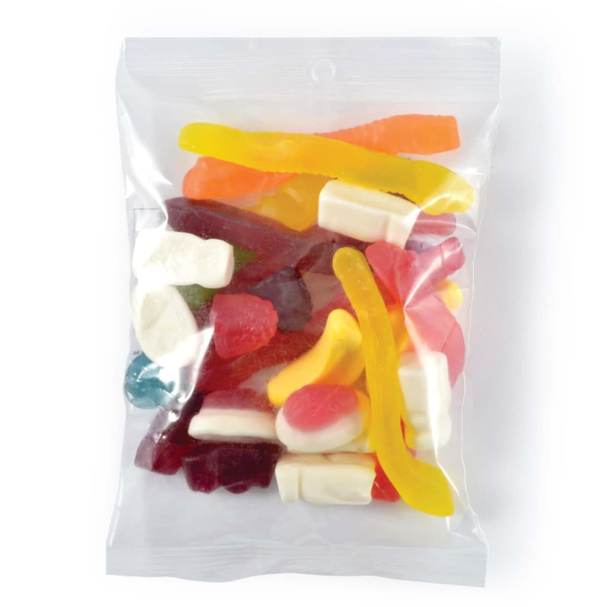 Assorted jelly lollies in vibrant colours, including gummy shapes and marshmallow pieces, packaged in a clear cellophane bag.