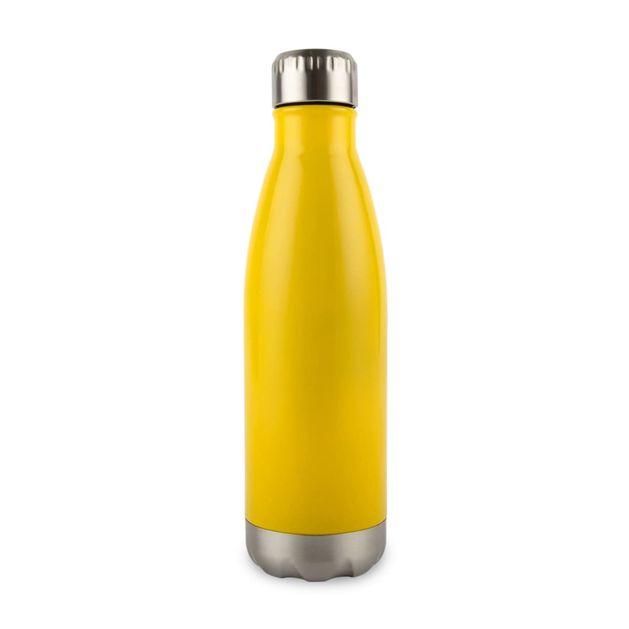 A drink bottle with a sleek yellow exterior and a stainless steel base, designed to keep beverages insulated.