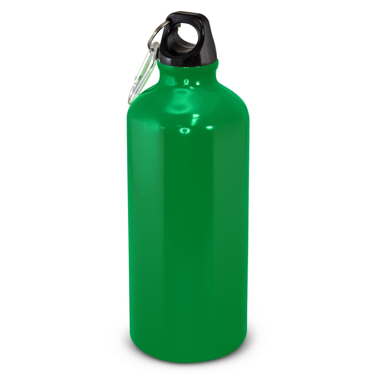 A drink bottle in bright green with a black cap and a carabiner attachment. It has a logo.