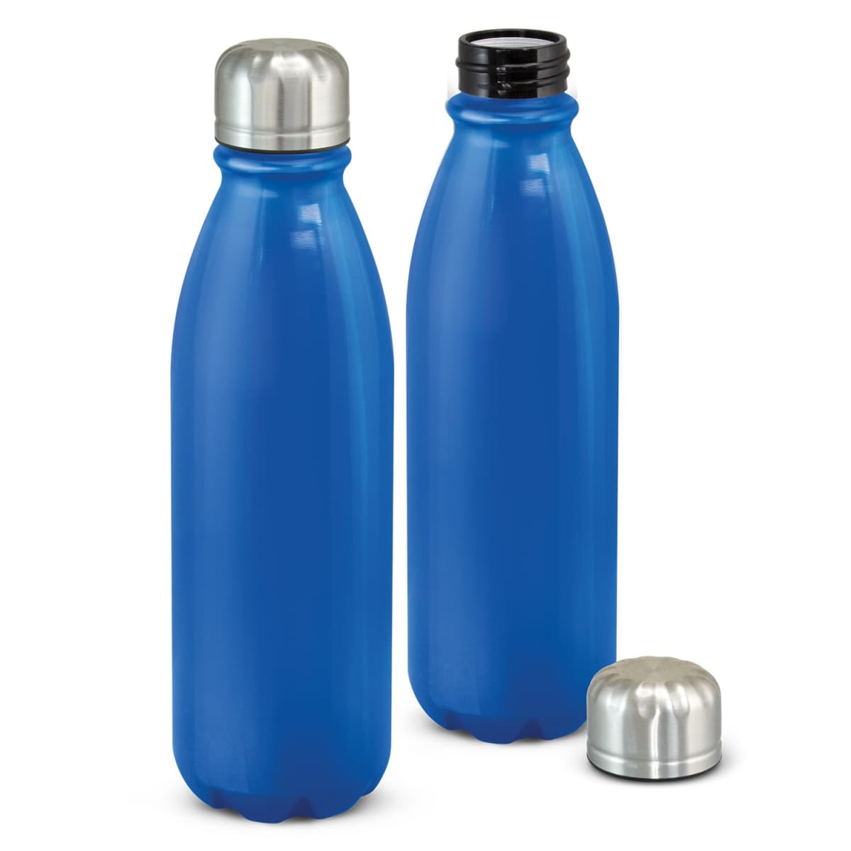 A drink bottle with a sleek blue body and a stainless steel cap, featuring a contrasting darker cap.