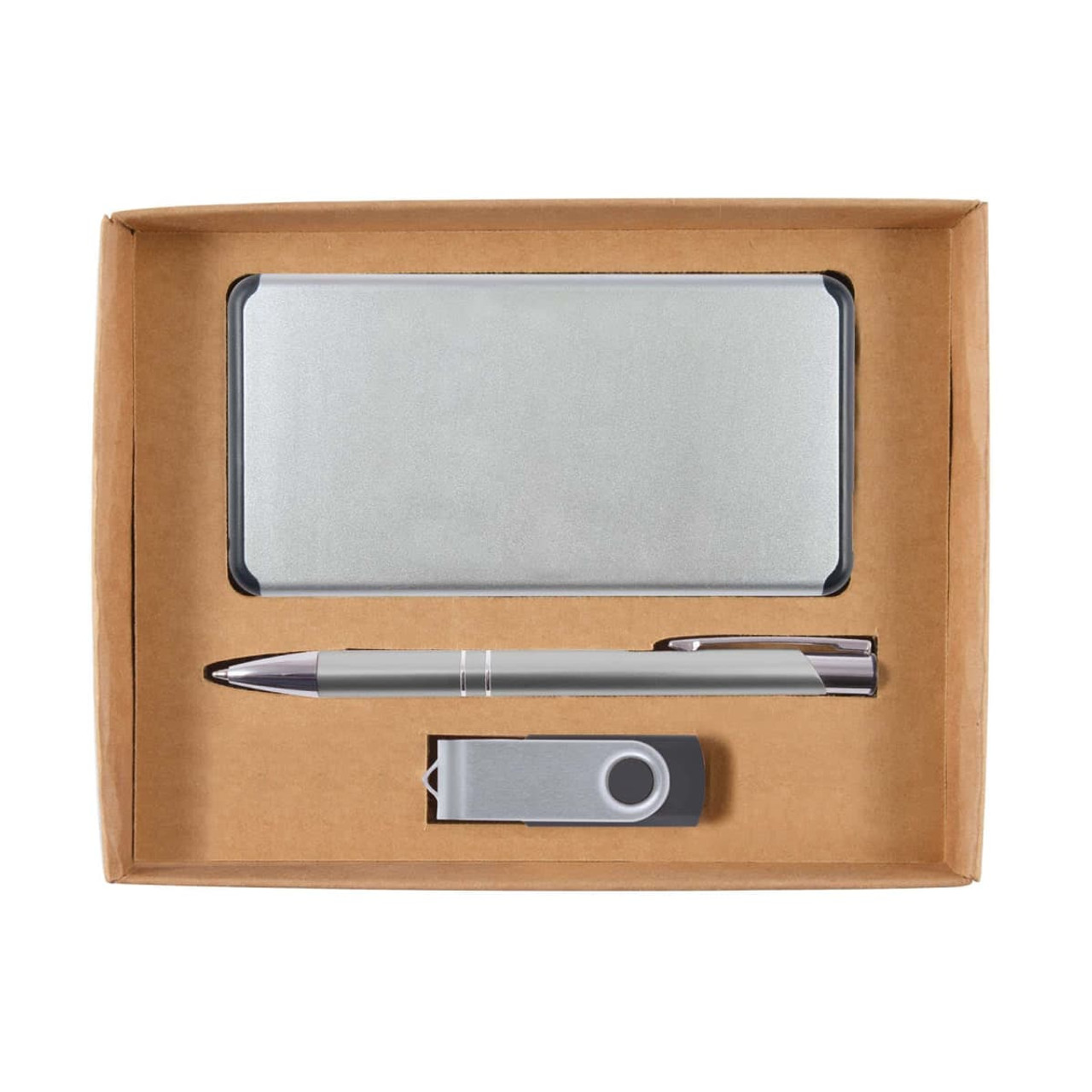 A silver power bank, silver pen, and silver USB stick in a cardboard gift set. The set is neatly arranged in a box.