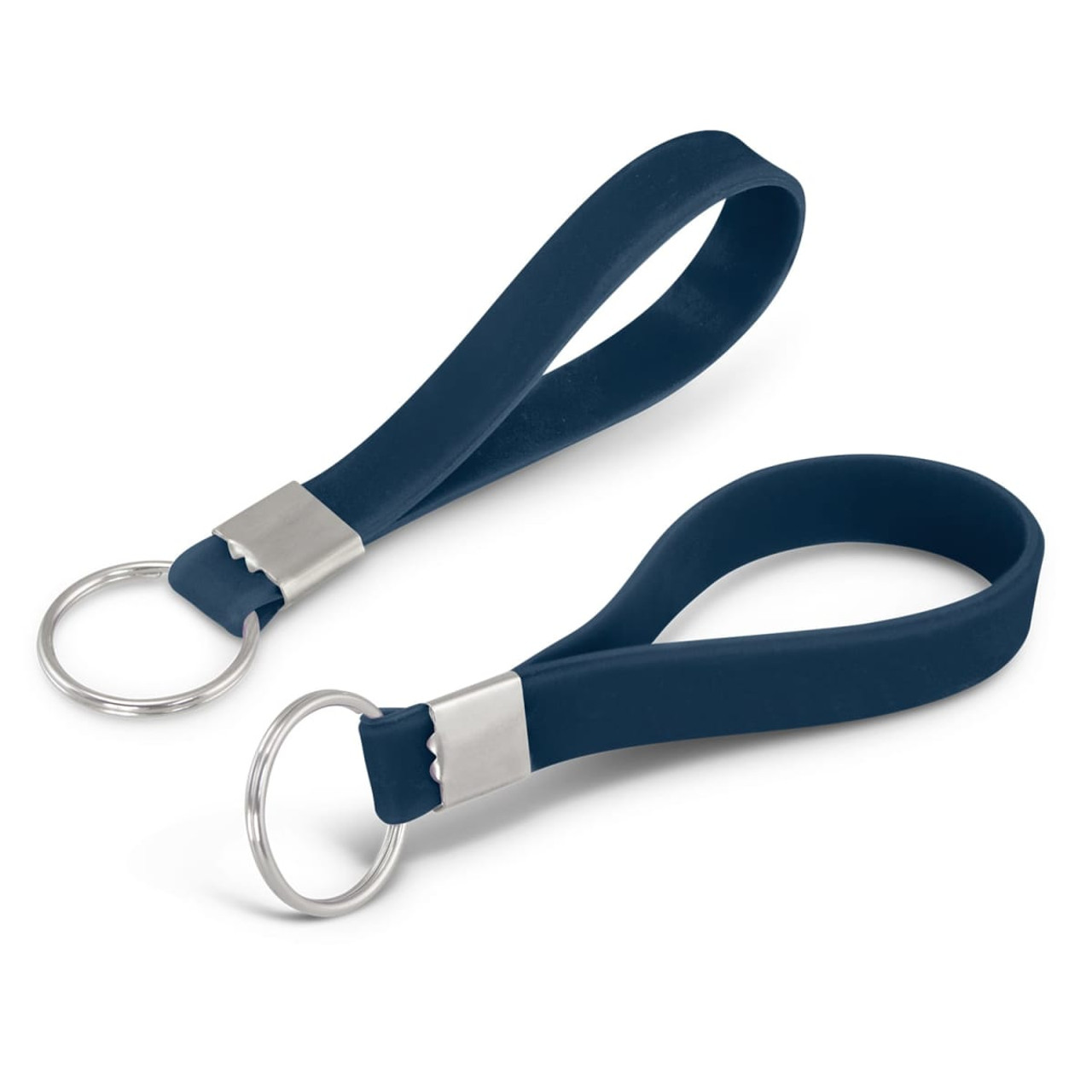 A silicone key ring in navy blue with a metal ring attachment. Features an embossed design.