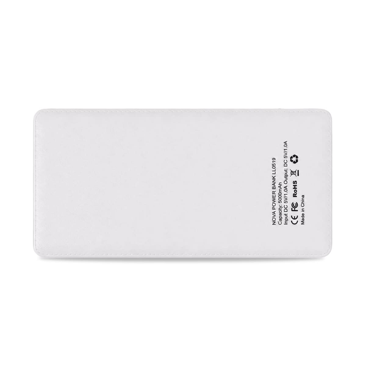 A white power bank with a logo on one side, designed for charging devices.