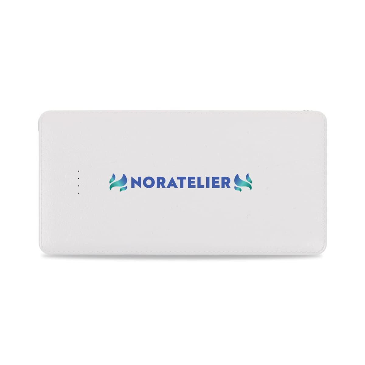 A white power bank with a logo on the front, featuring indicator lights for battery status.