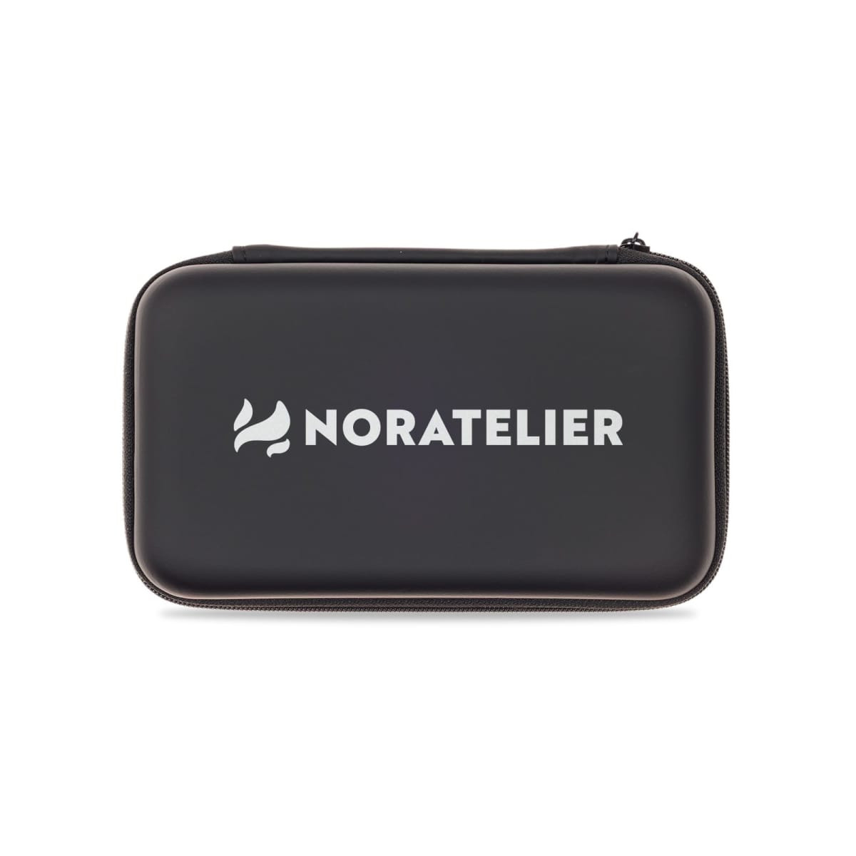 A black carrying case with a zip closure, featuring a logo on the front.