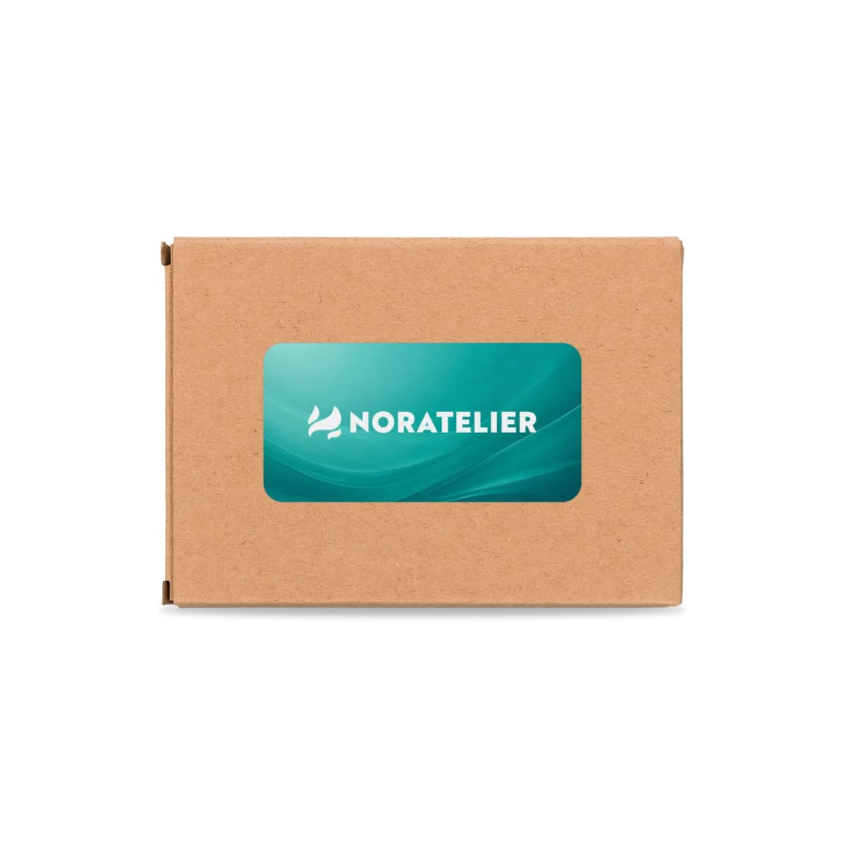 A brown cardboard box featuring a teal logo, containing a promotional product.