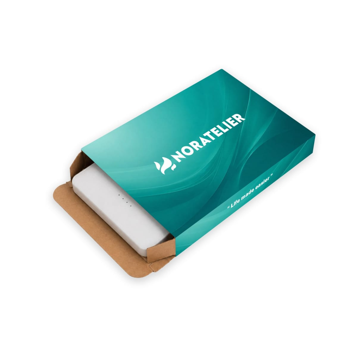 A white power bank in packaging featuring a teal design and a logo. The box is open, revealing the product inside.