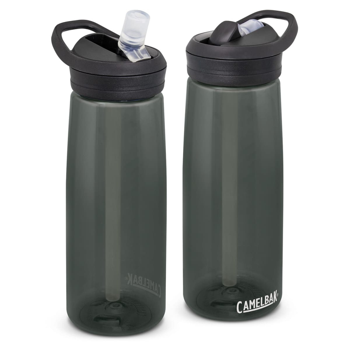 A drink bottle made of dark green plastic, featuring a black lid and a built-in straw. It has a logo on one side.