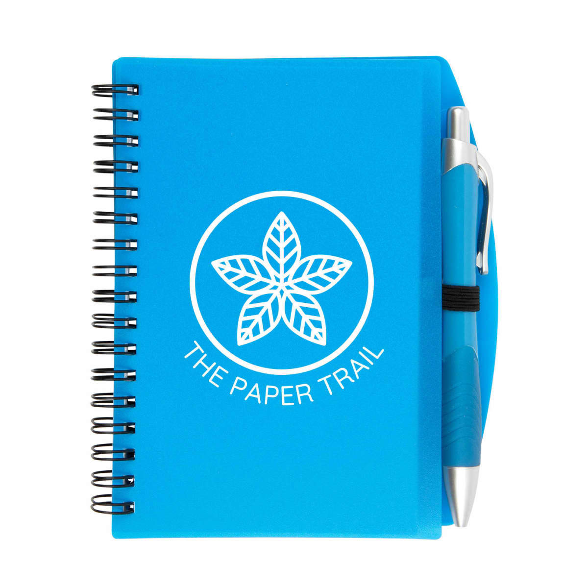 A blue spiral notebook with a pen attached, featuring a logo on the cover.