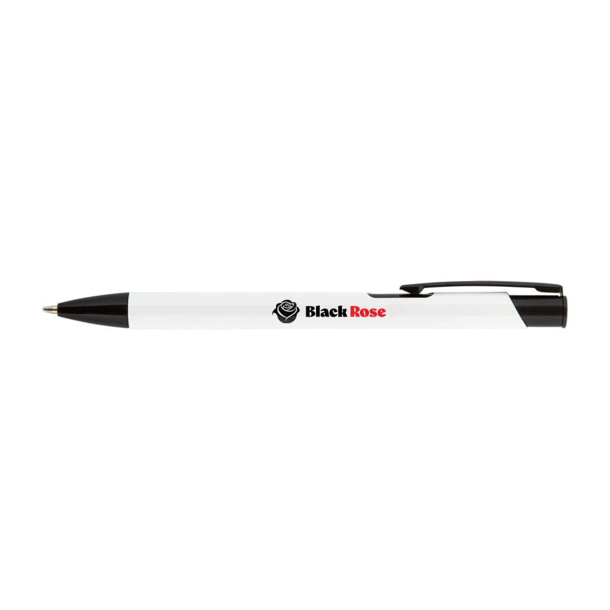 A black and white metal pen featuring a clip and a logo. It is designed for writing purposes.