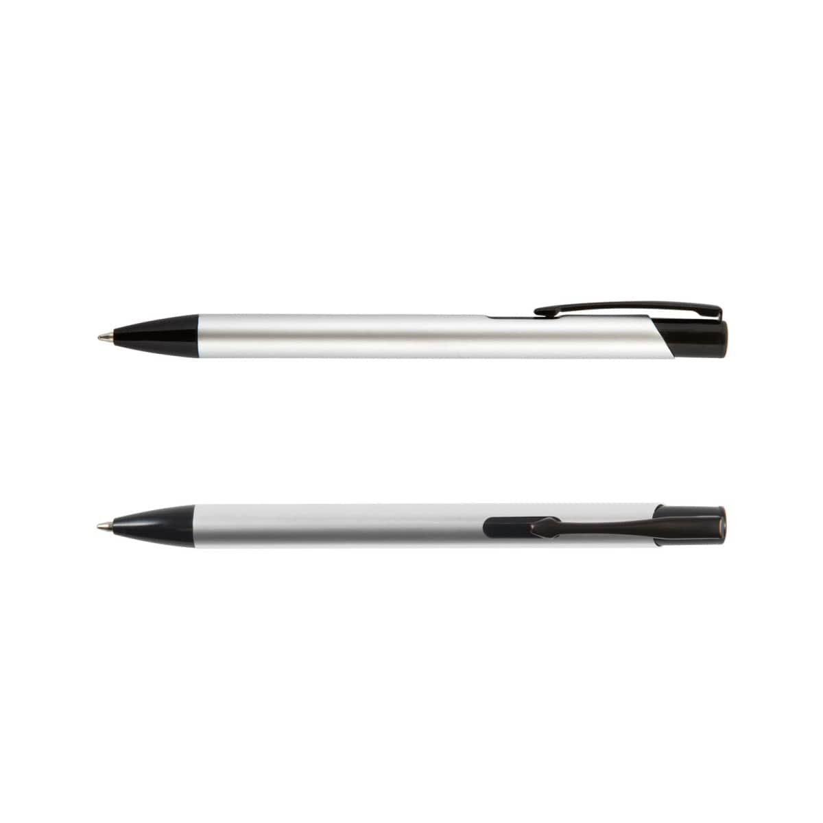 A metal pen in black and silver, featuring a sleek design and a clip for attachment. It has a logo.