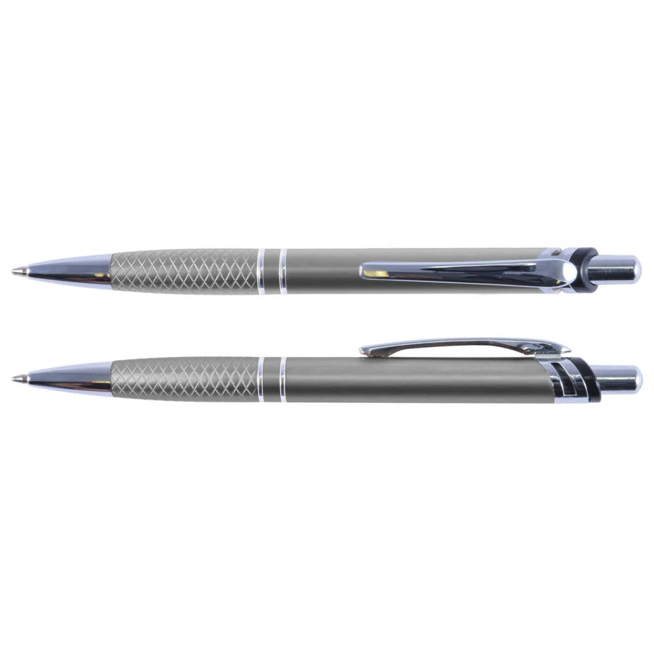 A metal pen with a sleek silver and chrome design, featuring a textured grip and a clip.
