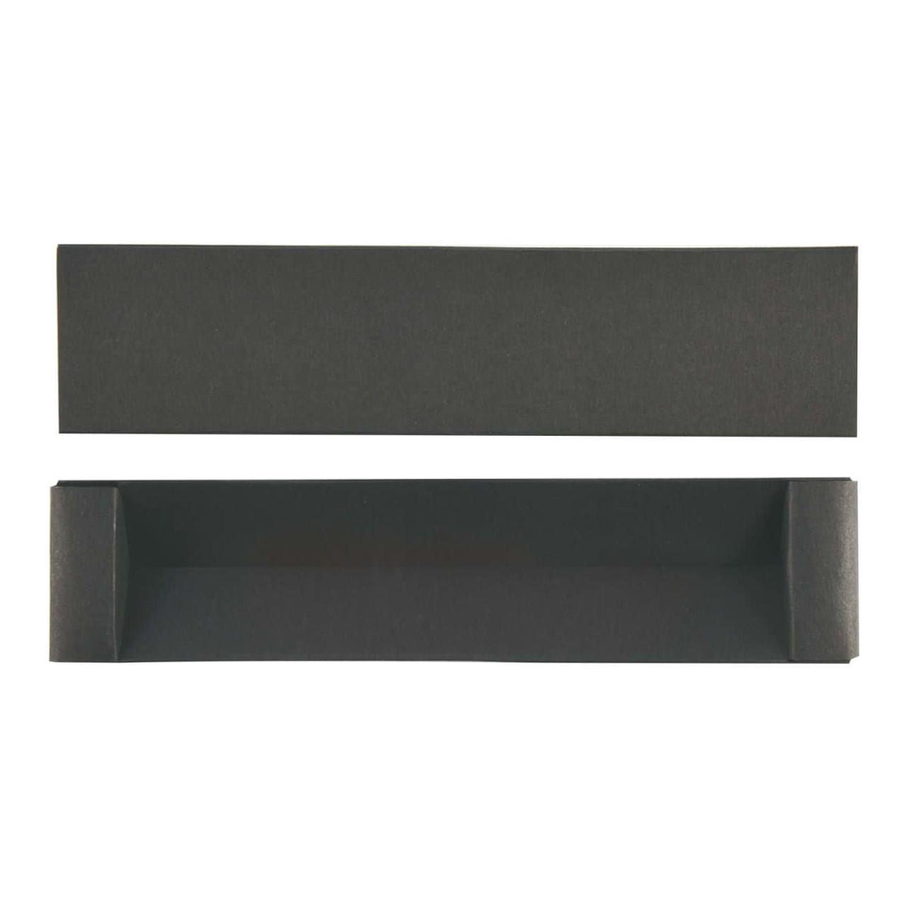 A black packaging box for a pen, featuring a separate top and bottom part, displaying a simple, sleek design.