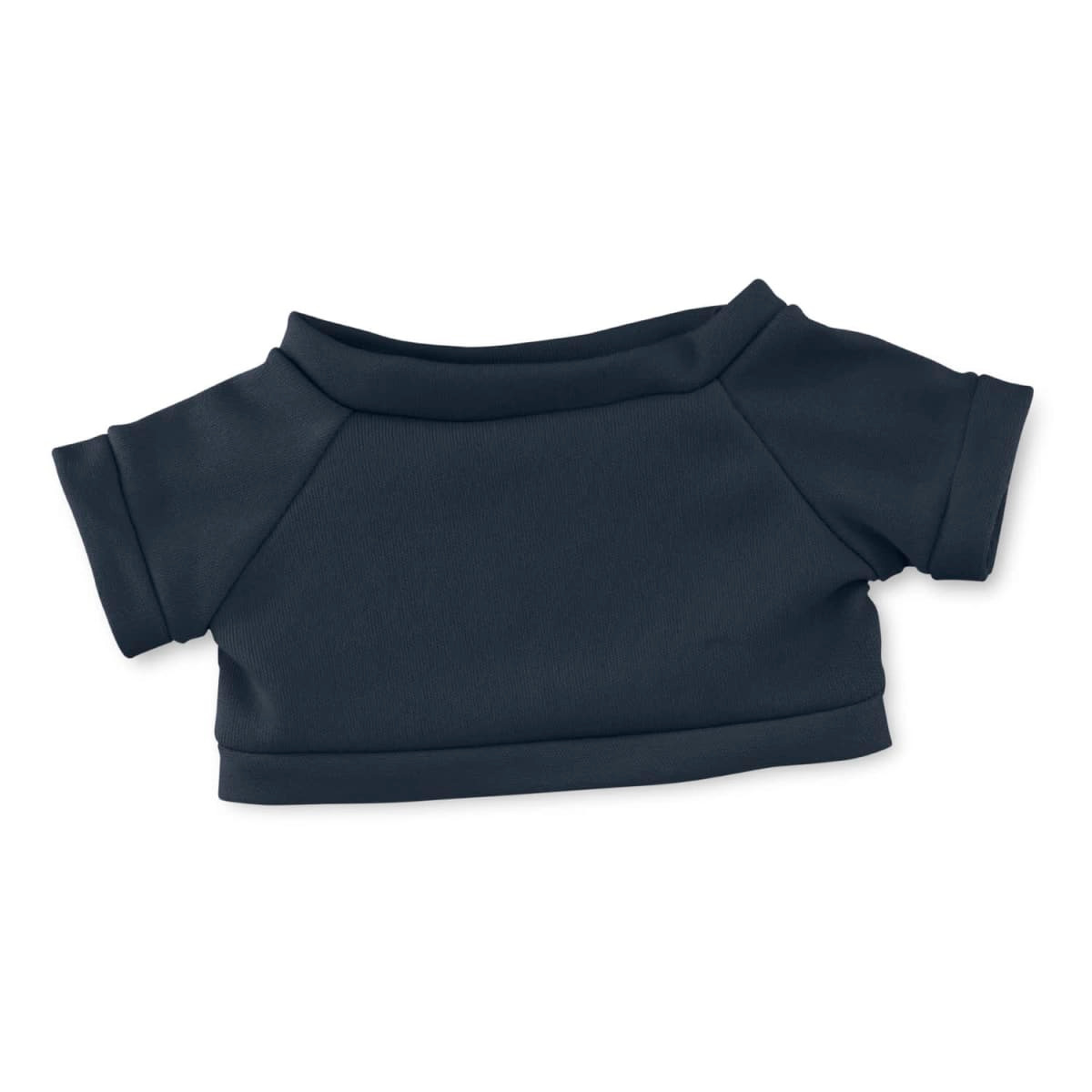 A navy blue plush toy shirt with short sleeves and a rounded neckline, featuring a simple design.