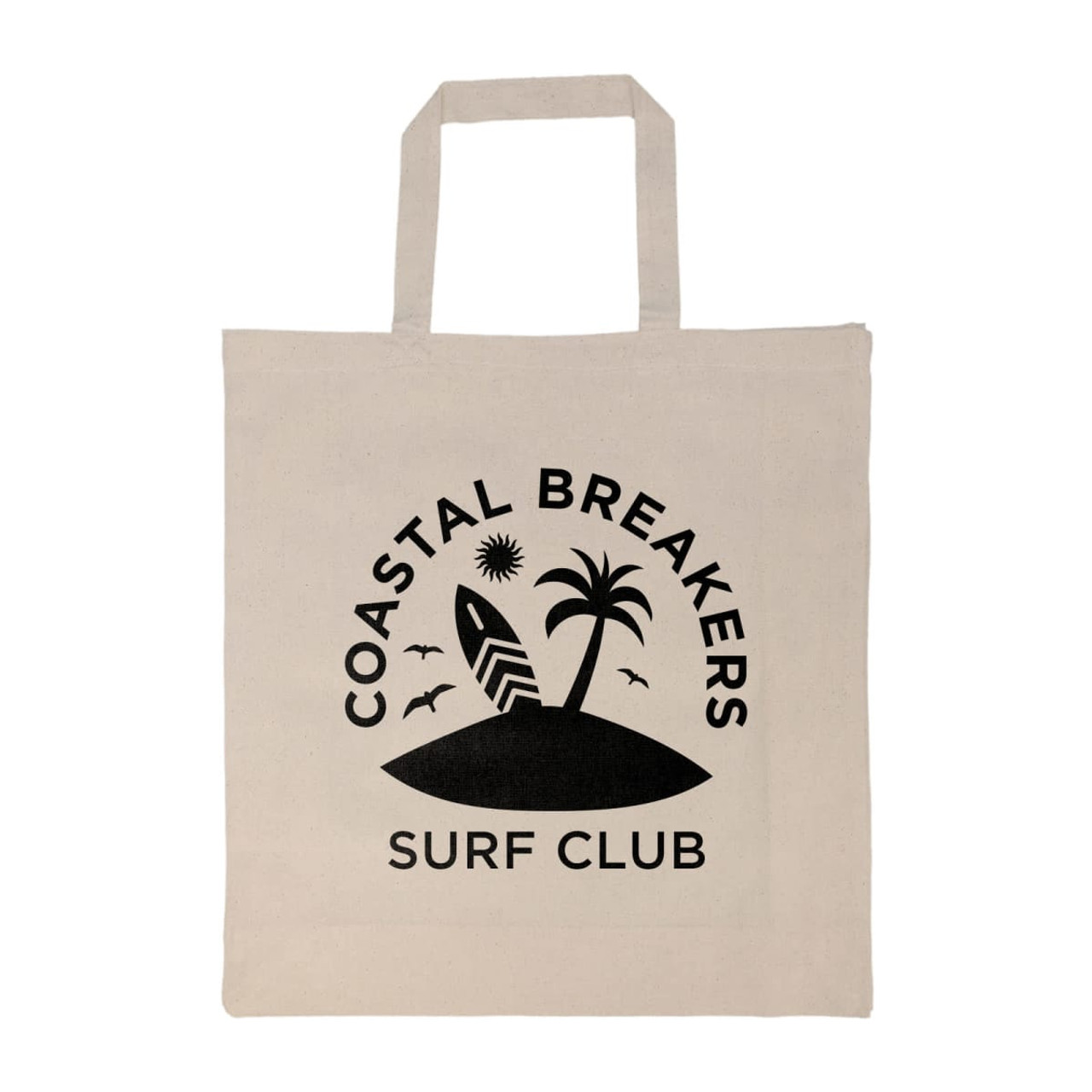 A cream-colored tote bag with a black logo featuring a palm tree, surfboard, and birds. It has short handles. A cream-colored tote bag with a black logo featuring a palm tree, surfboard, and birds. It has short handles.
