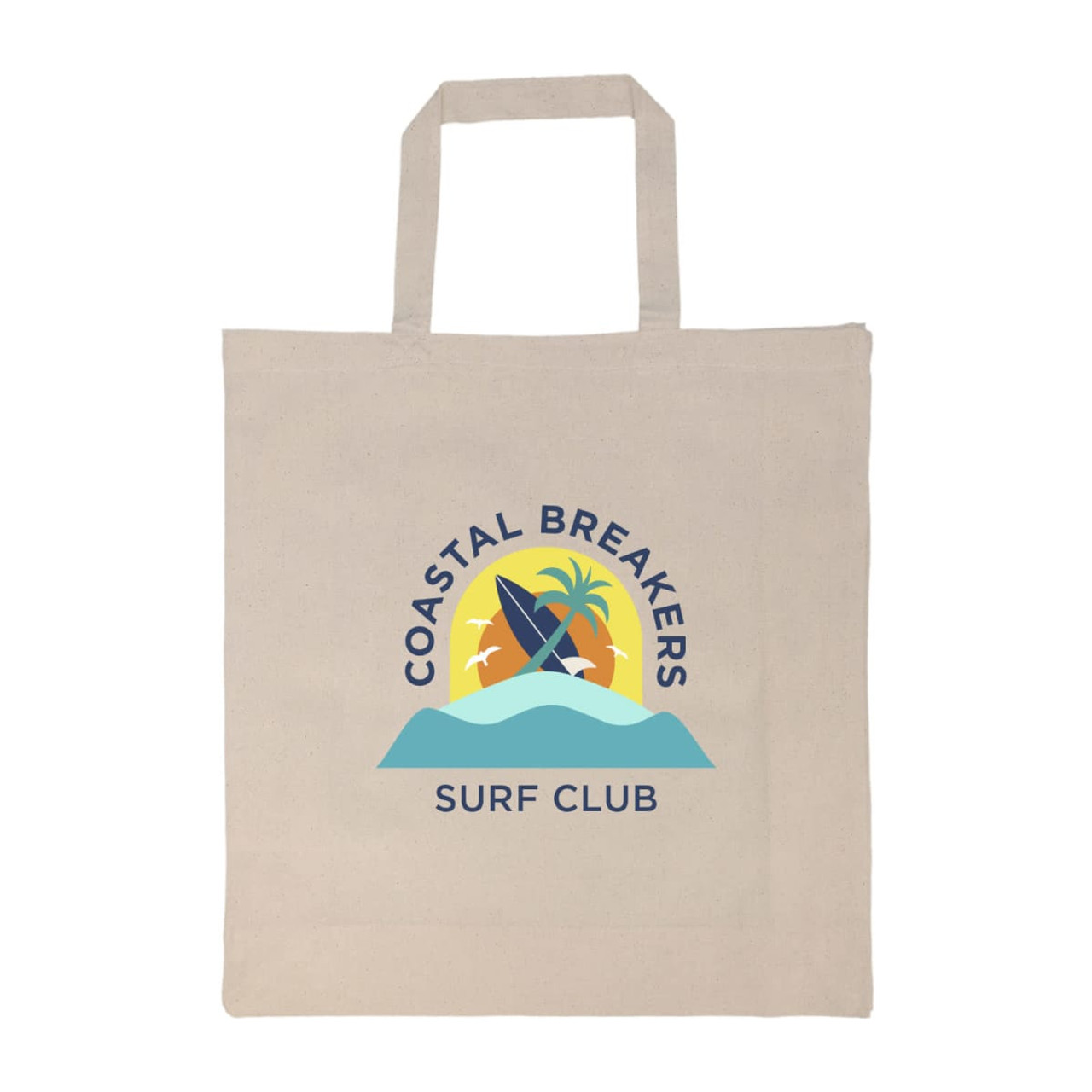 A beige tote bag with a logo featuring surfboards, palm trees, and waves in blue and yellow tones. A beige tote bag with a logo featuring surfboards, palm trees, and waves in blue and yellow tones.